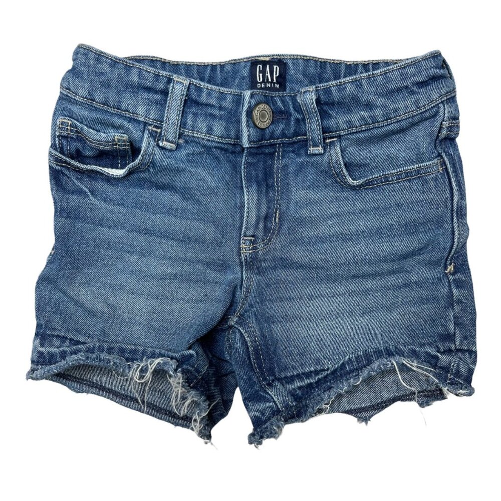 GAP Midi Jean Shorts Girls Blue Stretch Denim Adjustable Waist Fringe Hem Size 5